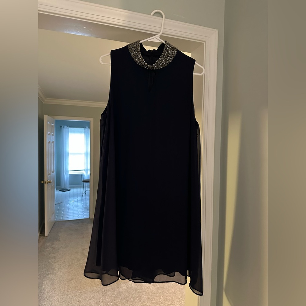 Perceptions Navy Dress with Silver Embellished Collar